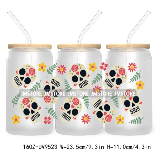 New Mexican Conchas Halloween 16OZ UV Cup Wrap DTF Transfer Stickers For Libbey Glass Can Cups Tumbler Waterproof Labels Cartoon