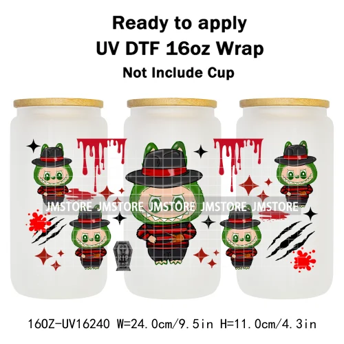 Laboo Horror Movie Characters Halloween 16OZ UV DTF Cup Wraps Ready To Apply Waterproof Transfer Stickers For Libbey Glass Can
