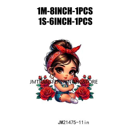 New Chibi Chicana Lovely Bow Rose Baby Girls Latina Princess Iron On DTF Heat Transfer Stickers Ready To Press For Clothing