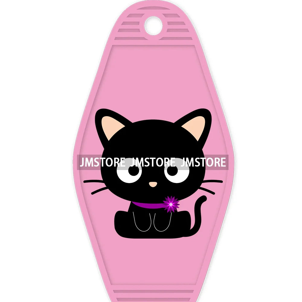 Cute Cartoon Pink Hello Cat With Bow Flower High Quality WaterProof UV DTF Sticker For Motel Hotel Keychain Labels DIY Logo