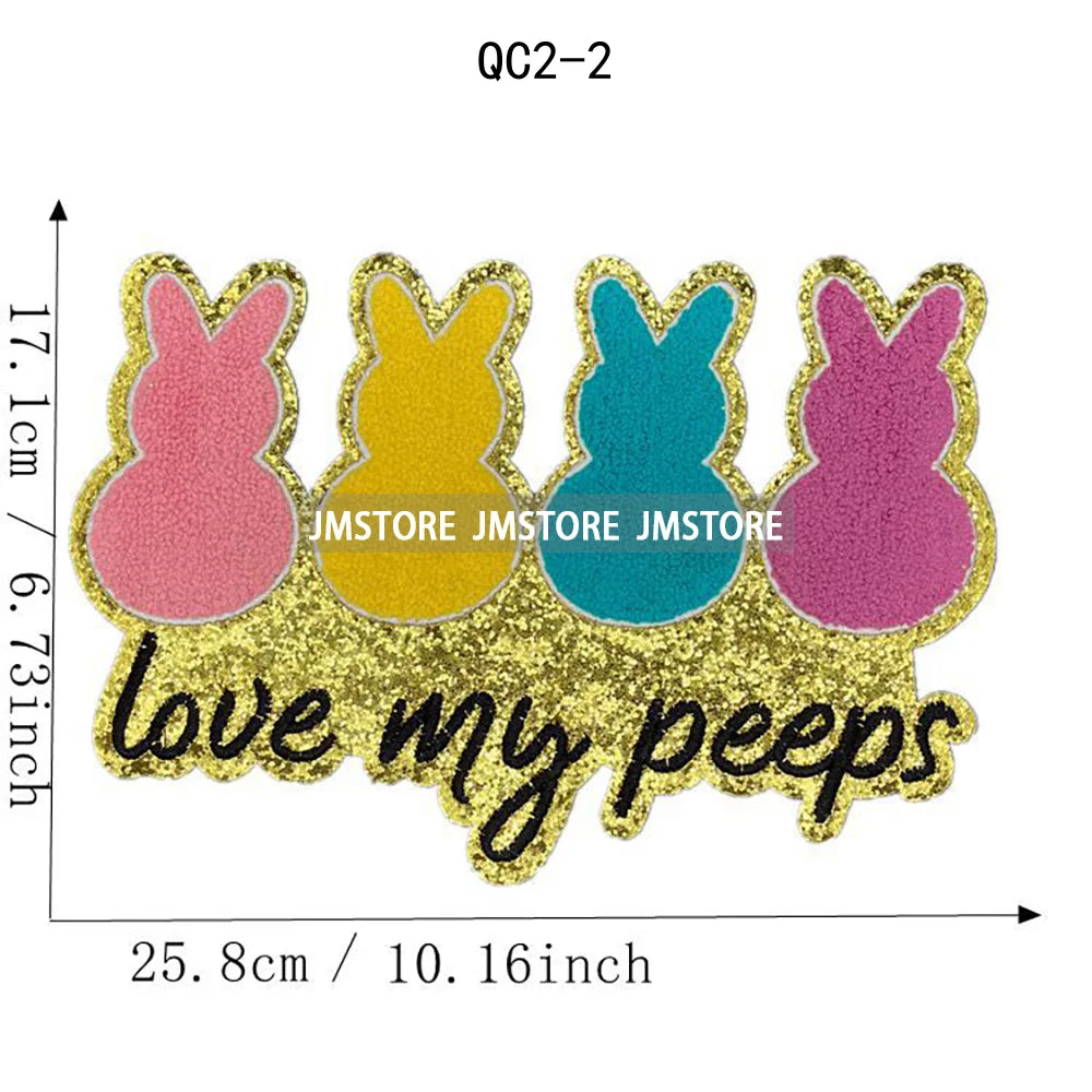 Cute Happy Easter Bunny Spring Hunt Eggs Rabbit Ears Love My Peeps Iron on Chenille Patches for Clothing Bags