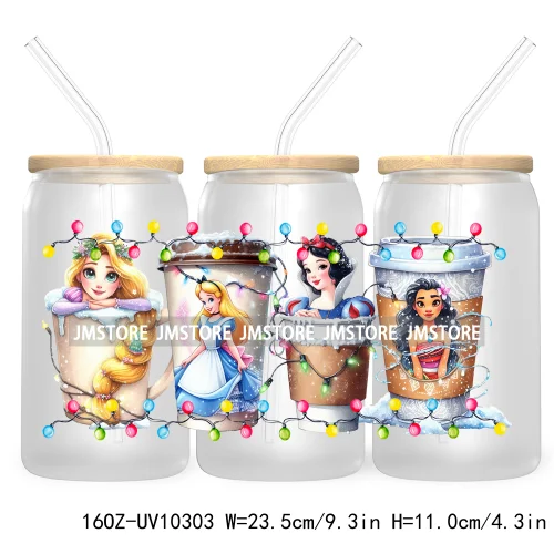 Princess Christmas Cartoon Friends 16OZ UV Cup Wrap DTF Transfer Stickers For Libbey Glass Can Cups Tumbler Magical Kingdom Vibe