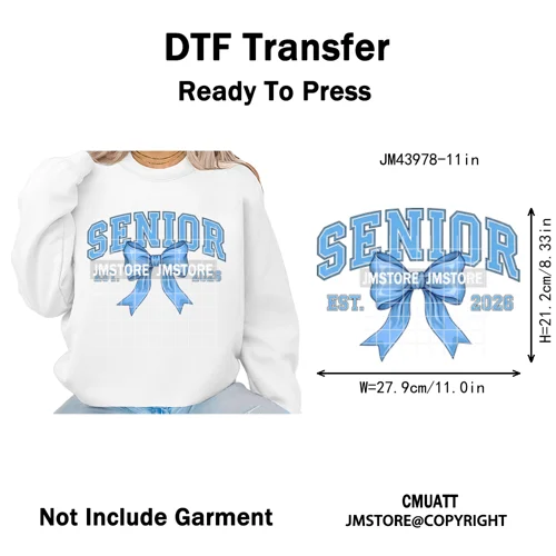 Preppy Coquette Senior 2026 Mega Graduate Cap Varsity Iron on Washable DTF Heat Transfers Stickers Ready to Press for Textiles