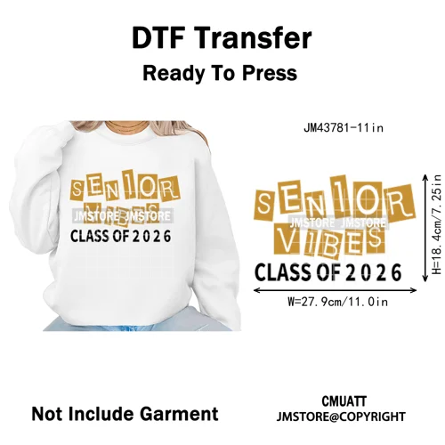 Class of 2026 High School Senior Edition Graduate Season Iron on Washable DTF Heat Transfer Stickers Ready to Press for Clothing