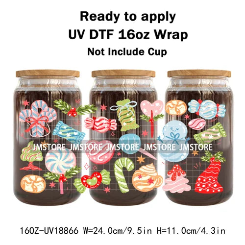 Funny Christmas Sweet Dessert UV DTF Cup Wrap Ready To Apply Transfer Sticker Waterproof 16OZ Tumbler Wraps For Libbey Glass Can
