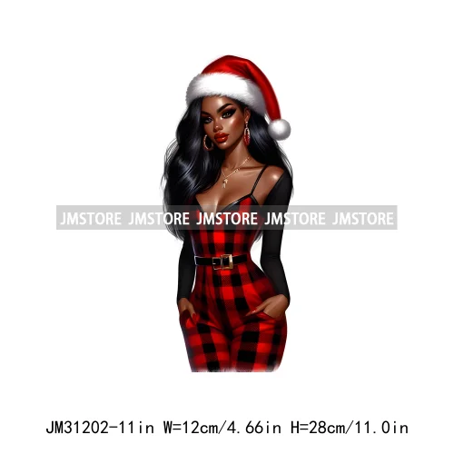 Fashion Santa Afro Black Woman Merry Christmas Girly Winter Iron On DTF Transfers Stickers Printing Ready To Press For Clothing