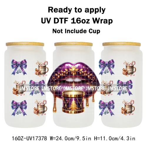 Colorful Christmas Lips Holiday Gifts Xmas Balls UV DTF Wraps Transfer Sticker Waterproof Logo For 16OZ Libbey Glass Can Tumbler