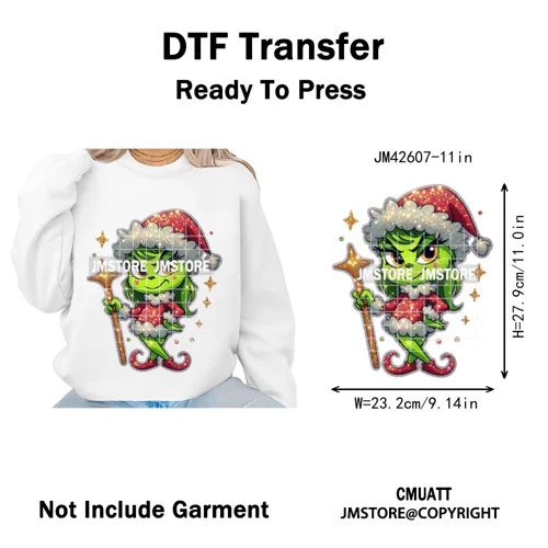 Faux Glitter Cartoon Christmas Movie Green Santa Kid Girly Xmas Iron on DTF Washable Transfer Sticker Ready to Press for Textile