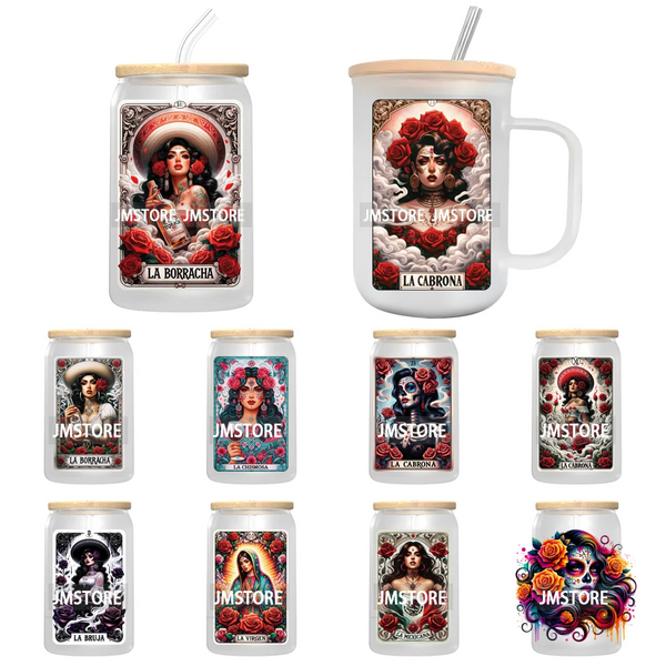 La Mexicana Latina Tarot Card UV DTF Transfer Stickers Decals For Libbey Cold Cups Mugs Tumbler Waterproof Floral Sugar Skulls