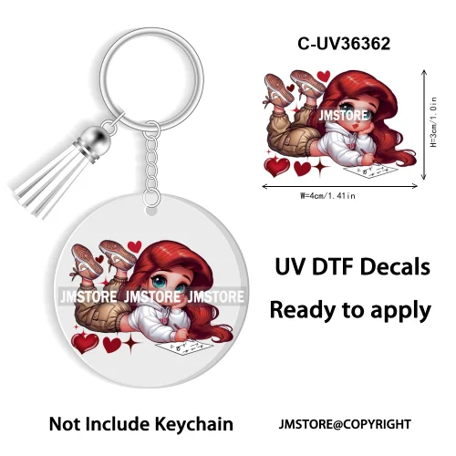 Cartoon Princess Reading Bookish UV DTF Decal Round Keychain Ready To Apply WaterProof Transfer Stickers For Circle Keychain