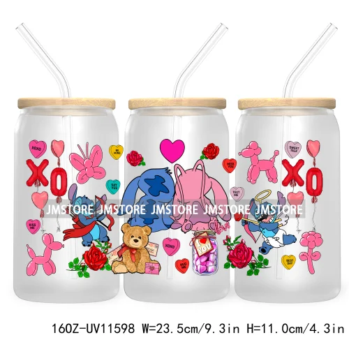 Happy Valentine's Day Cartoon Mouse Couple 16OZ UV Cup Wrap DTF Transfer Sticker For Libbey Glass Can Cups Tumbler XOXO Love Bug