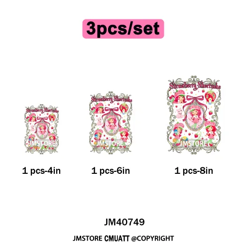 Sweet Strawberry Friends 80s Girl Cartoon Pink Coquette Bows Iron on DTF Washable Transfers Stickers Ready to Press for Clothing