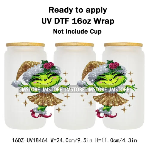 Faux Glitter Christmas Girl Green Guy UV DTF Stickers Ready To Apply Cup Wrap Custom Labels DIY Craft For Libbey Glass Can Mugs