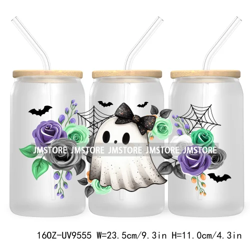 Cute Ghoul Halloween 16OZ UV Cup Wrap DTF Transfer Stickers For Libbey Glass Can Cups Tumbler Waterproof Labels Ghost Reading