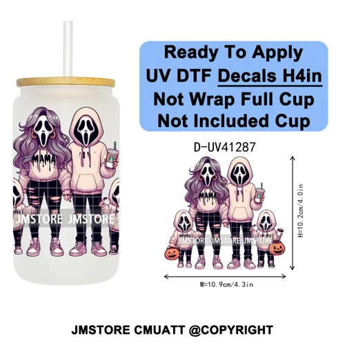 Family Halloween Horror Mama UV DTF Transfer Stickers Decals Ready To Apply Waterproof For 16OZ Libbey Glass Can Cups Tumbler