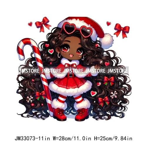 Chibi Candy Santa Girl African American Characters Merry Christmas Gift Iron On DTF Transfer Stickers Ready To Press For Clothes