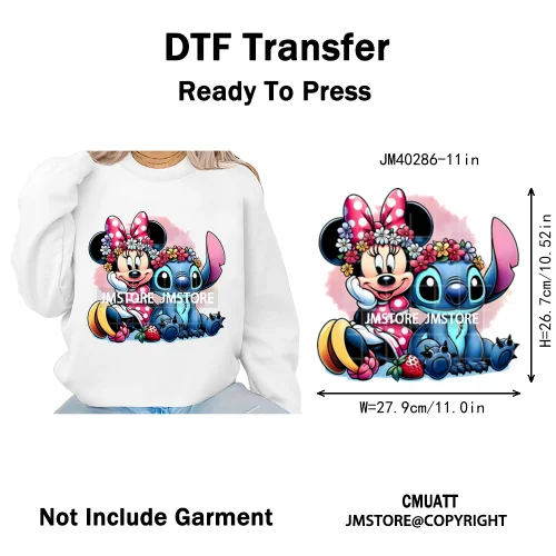 Cute Cartoon Blue Animal Princess Best Friends Designs Iron on DTF Washable Transfers Stickers Ready to Press for Clothing Bags