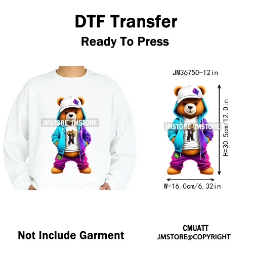 12in Cool Retro Urban Streetwear Graffiti Hip Hop Teddy Bear Iron On DTF Washable Transfers Stickers Ready to Press For Clothing