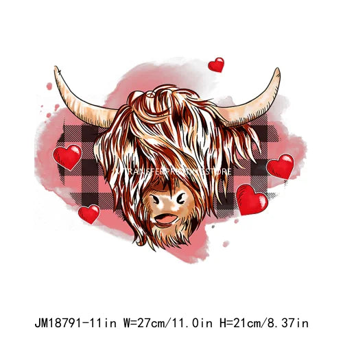 Hot Sale Western Highland Cow Pink Be Mine Heifer Valentine Printing DTF I Love Moo XOXO Heat Transfer Stickers For Hoodies