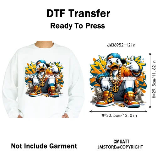 12in Cool Urban Trap Style King Animal Rich Ducks With Gold Chain Iron on DTF Heat Transfer Sticker Ready to Press for Clothing