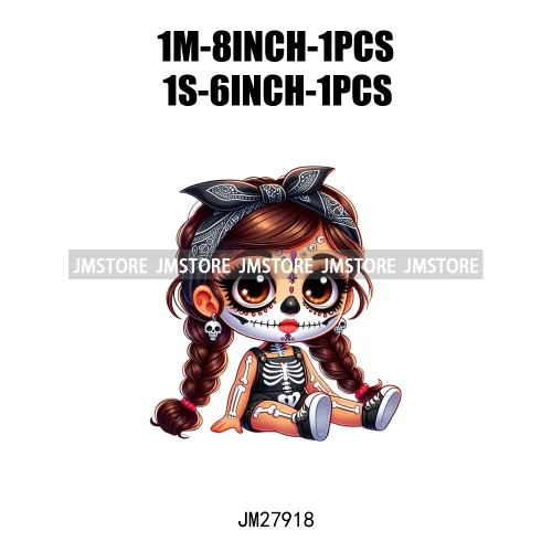 Halloween Skeleton Latina Baby Chibi Hispanic Girls Spooky Season DTF Iron On Transfers Stickers Ready To Press For Clothing