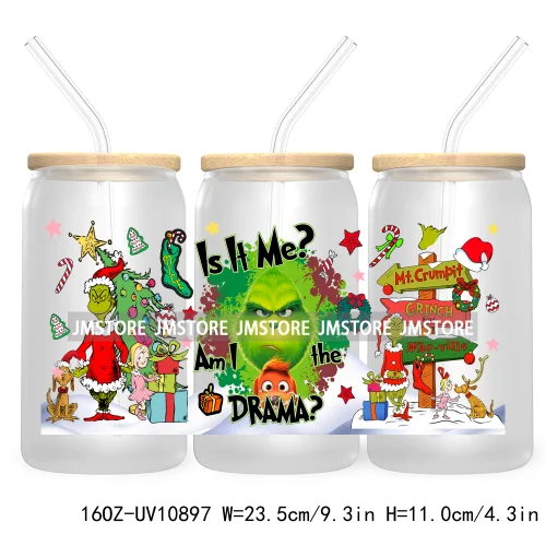 Retro Christmas Mean Guy UV DTF Cup Wrap For Libbey Glass Can Transfer Stickers Waterproof Custom Labels Merry Greenmas Xmas