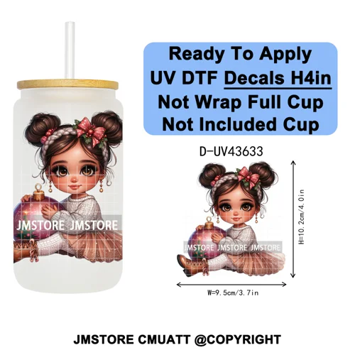 Chibi Cute Mexican Christmas Baby Girl UV DTF Decals Ready To Apply Waterproof Transfer Stickers For 16OZ Libbey Glass Can Mugs