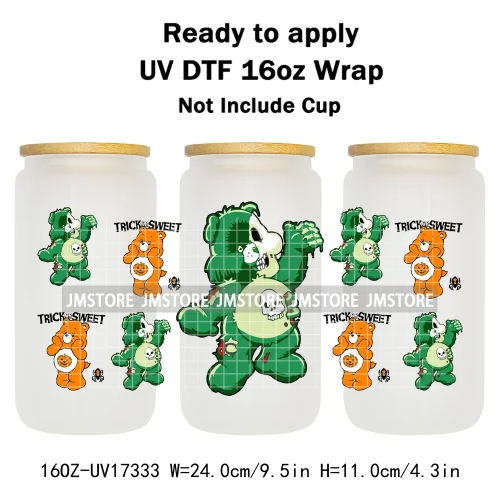 Scary Bears Halloween Pumpkins Horror Characters UV DTF Wraps Transfer Sticker Selfadhesive For 16OZ Libbey Glass Can Tumbler