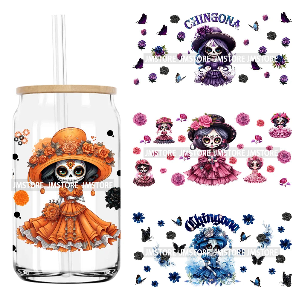 Day Of The Dead Mexican Chingona Lady Skull UV DTF Sticker For 16OZ Libbey Glass Cup Can Wrap Transfer Stickers DIY Custom Label