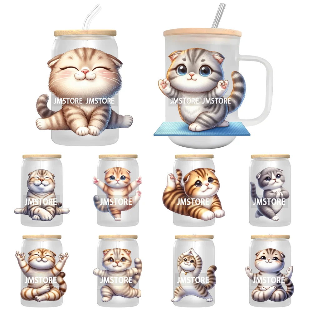 Cute Chubby Yoga Cats Animals UV DTF Transfer Stickers Decals Ready To Apply Waterproof For 16OZ Libbey Glass Can Cups Tumbler