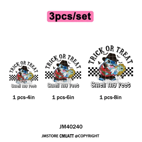 Checkered Trick Or Treat Scary Killer Character Halloween Vibes Iron on DTF Washable Transfer Sticker Ready to Press for Hoodies