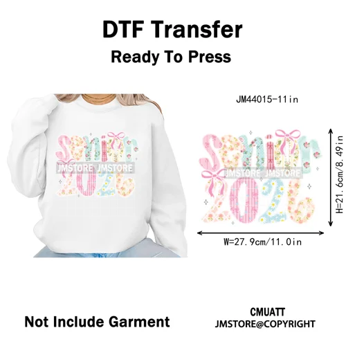 Preppy Coquette Senior 2026 Mega Graduate Cap Varsity Iron on Washable DTF Heat Transfers Stickers Ready to Press for Textiles