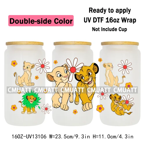 Double Side Color Cartoon Lion UV DTF Cup Wrap Transfer Stickers For 16oz Libbey Glass Beer Selfadhesive Waterproof Adhesive