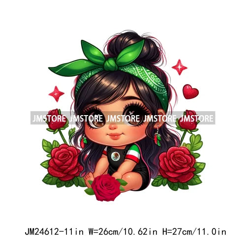 Cute Chibi Mexican Girl Designs Hispanic Red Rose Green Coquette Bow Latina Princess Iron On DTF Transfers Stickers For T-shirts