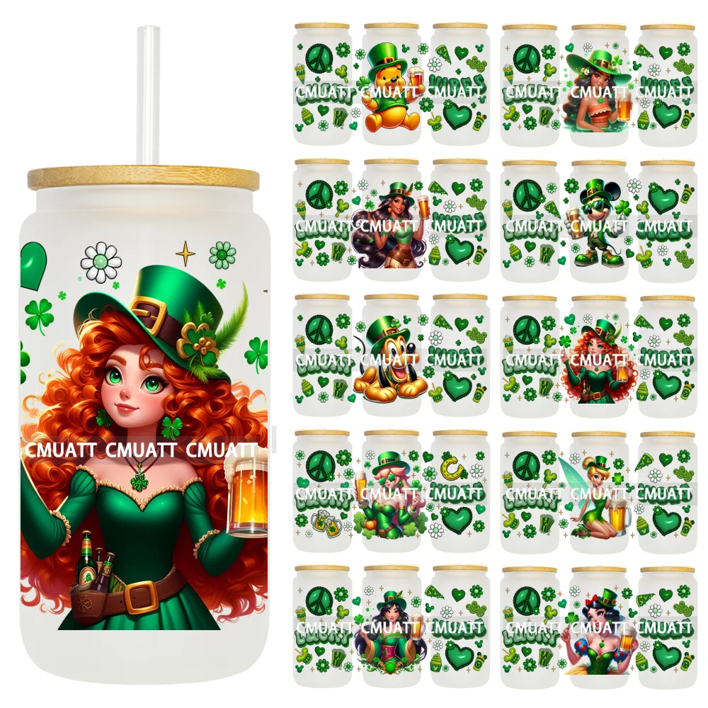 Happy St Patricks Cartoon Princess Characters Feeling Lucky Four Leaf Clover 16OZ UV DTF Cup Wrap Sticker For Libbey Glass Can