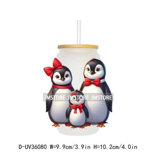 Penguin Family Coquette Bow UV DTF Transfer Stickers Decals Ready To Apply Waterproof For 16OZ Libbey Glass Can Cups Tumbler