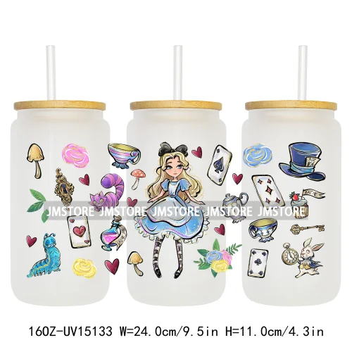 Cartoon Princess In Wonderland 16OZ UV DTF Cup Wraps Ready To Apply Waterproof Transfer Stickers For Libbey Glass Can Tumbler