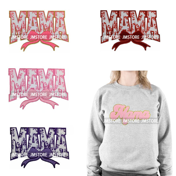 Colorful Coquette Bow Floral Mama Love Embroidery Edge Iron on Mother's Day Chenille Heat Press Patches For Clothing Bags