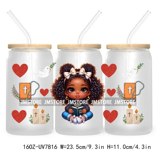 Cute Black Afro Girls 16OZ UV DTF Cup Wrap Transfer Stickers For Libbey Glass Can Cups Tumbler Waterproof Labels Christian Cross