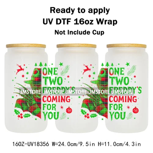 Preppy Christmas Movie Killer Cartoon Bow 16OZ UV DTF Cup Wraps Ready To Apply Waterproof Transfer Stickers For Libbey Glass Can