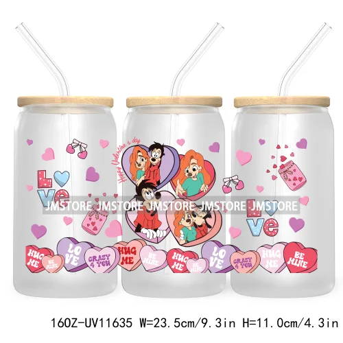 Cute Cartoon Couple XOXO Valentine's Day UV DTF Cup Wrap Transfer Stickers For 16OZ Libbey Glass Can Cupid Vibes Love Hearts