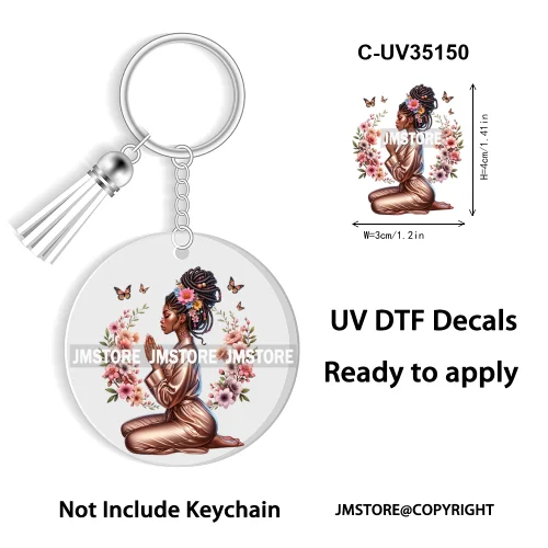 Christian Jesus God Pray Afro Girl UV DTF Decal Round Keychain Ready To Apply WaterProof Transfer Stickers For Circle Keychain