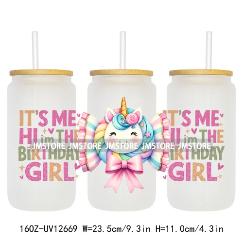 Unicorn Birthday Girl Gifts Coquette Bow Girly Princess 16OZ UV DTF Cup Wrap Transfer Stickers Waterproof For Libbey Glass Can