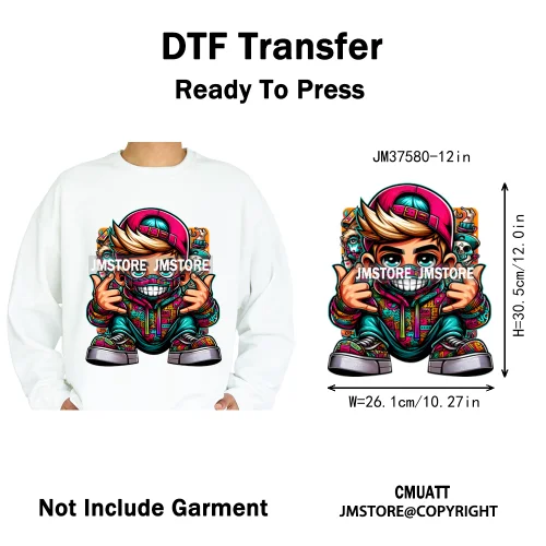 12in Street Heat Urban Chill Streetwear Man Hip Hop Animal Iron on DTF Thermal Transfer Stickers Ready to Press for Clothes Bags