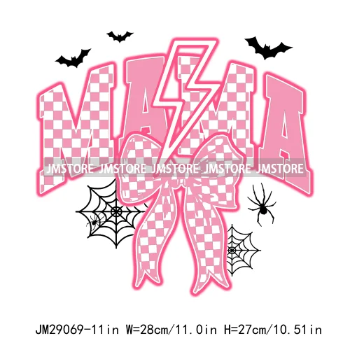 New Spooky Mama Neon Halloween Checkered Girly Coquette Bow Designs Iron On DTF Transfer Stickers Ready To Press For Hoodies