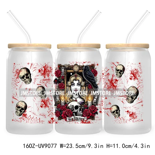 Spooky Halloween Princess 16OZ UV Cup Wrap DTF Transfer Sticker For Libbey Glass Can Cup Tumbler Waterproof Label Trick or Treat