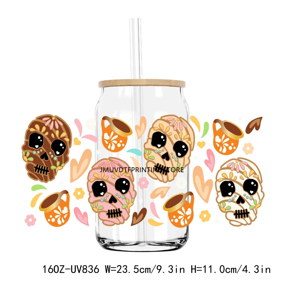 Mexican Sugar Skull 16OZ UV DTF Cup Wrap Transfers Stickers Custom Labels DIY Durable Waterproof Logo For Libbey Glass Can