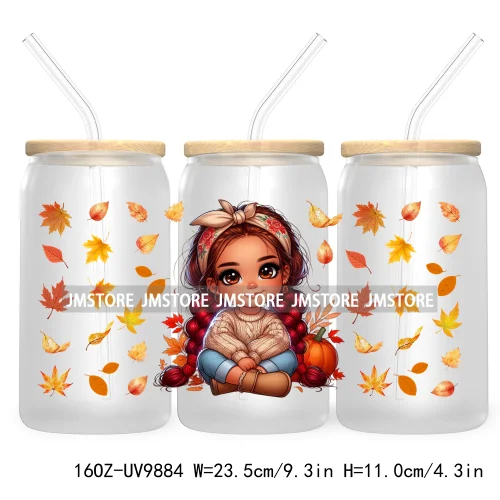 Mexican Latina Chibi Autumn Baby Girl UV DTF Sticker For 16OZ Libbey Glass Cup Can Wrap Transfer Stickers Custom Labels DIY Logo