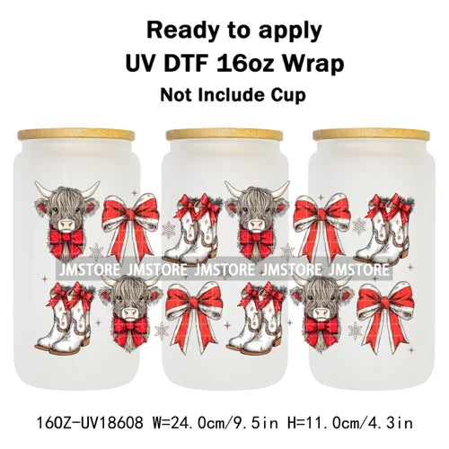 Howdy Christmas Western Highland Cow 16OZ UV DTF Cup Wraps Ready To Apply Waterproof Transfer Stickers For Libbey Glass Can