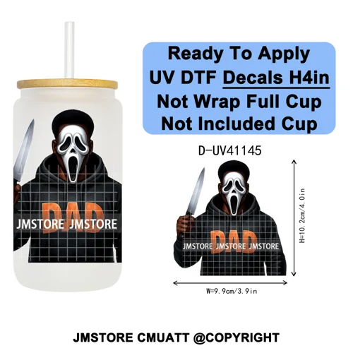 Black Horror Dad Halloween Spooky Daddy UV DTF Decals Ready To Apply Waterproof Transfer Stickers For 16OZ Libbey Glass Can Cups